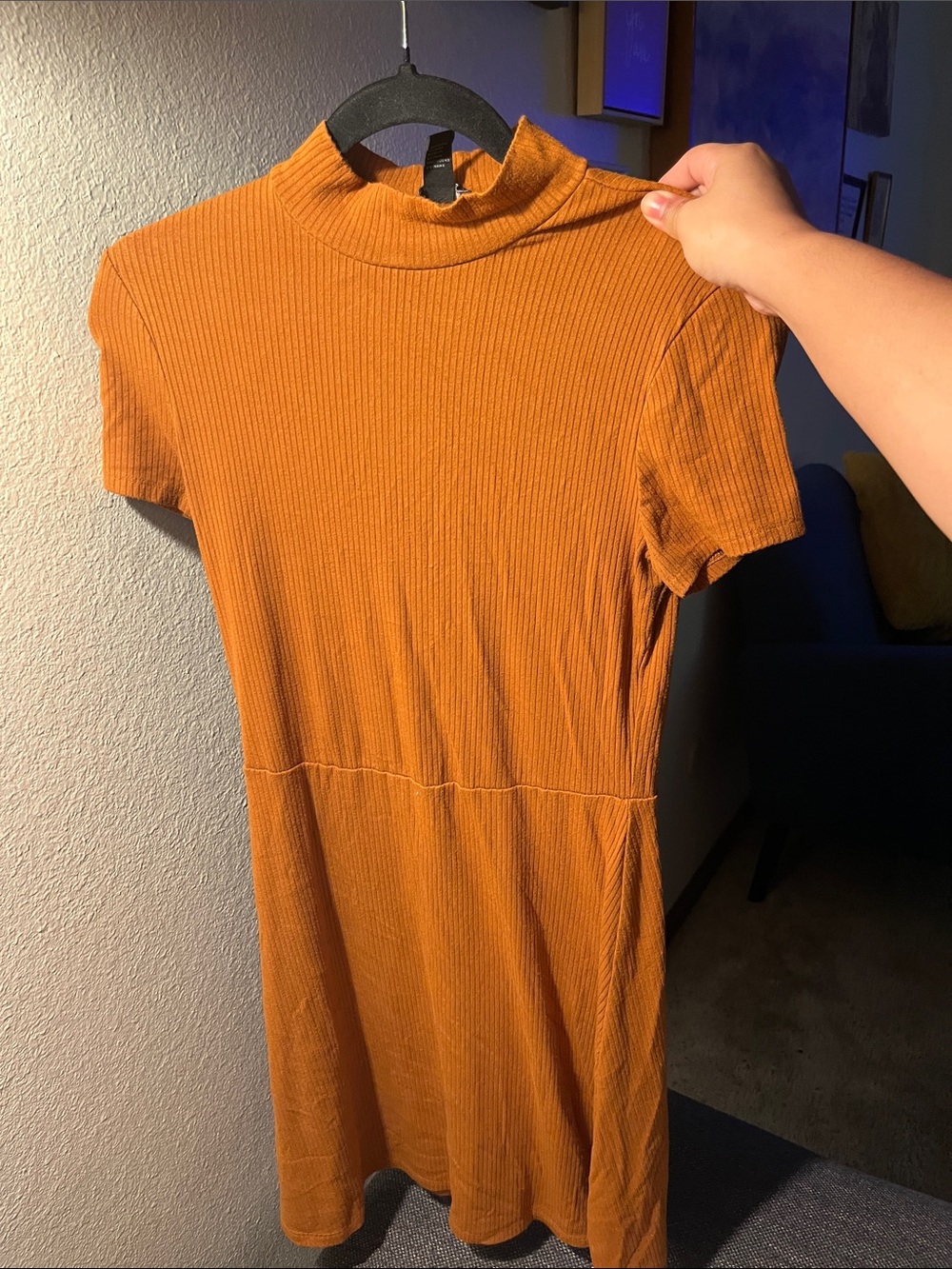 Ribbed Mock Neck Short Sleeve Dress - Mustard